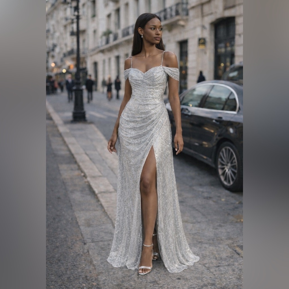Silver sequins off shoulder high slit long Evening Gown bride wedding MOB sz 16